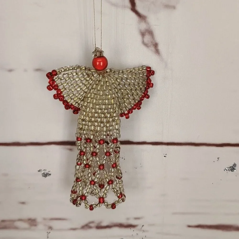 Handcrafted Beaded‎ Angel Ornament With Gold & Red Glass Beads